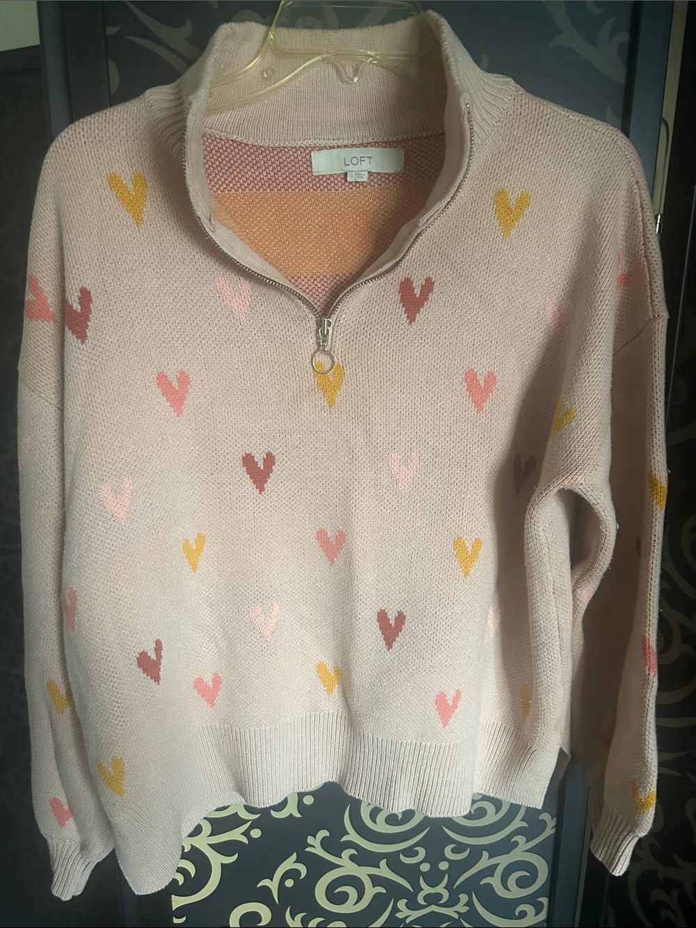 LOFT Cream Cowl Half-Zip Sweater with Pink, Yellow and Red Heart Print
